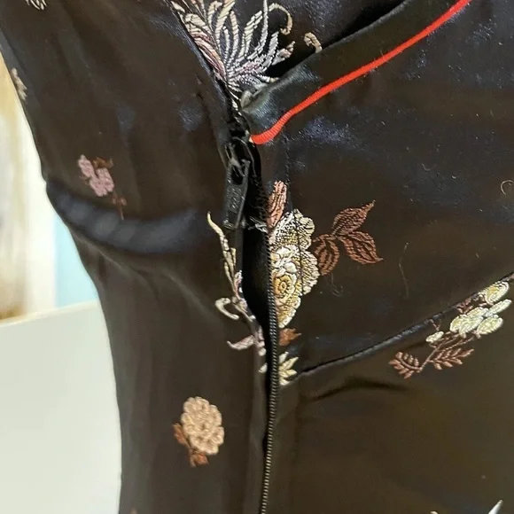 Vintage 90s SOLZ Squirrel Black Floral Satin Cheongsam Maxi Dress Size 34 Small